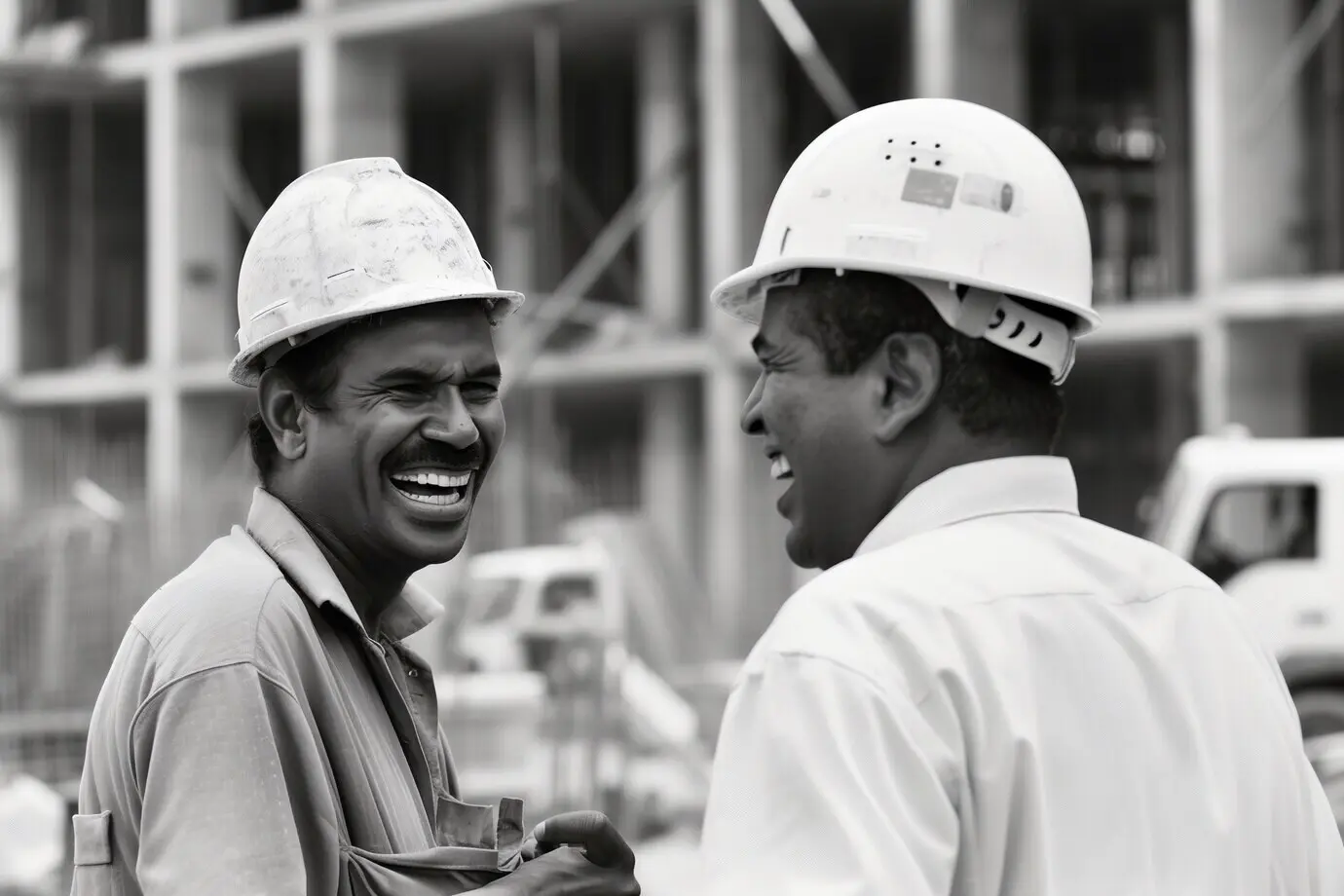 Schwarz-Weiß-Szene, die das Leben von Bauarbeitern auf der Baustelle veranschaulicht.